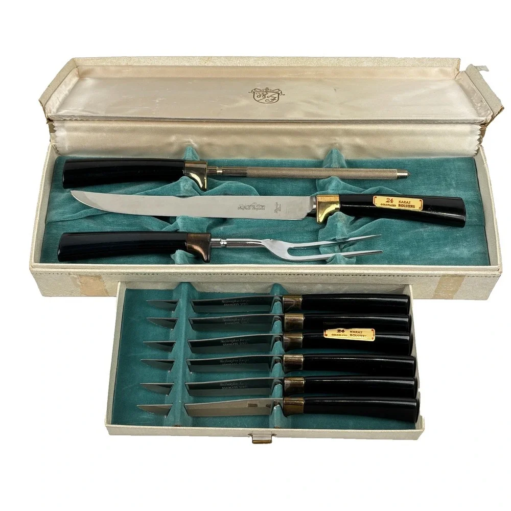 Vintage Washington Forge Steak Knife Carving Set 24K Gold Plated Boxed MCM
